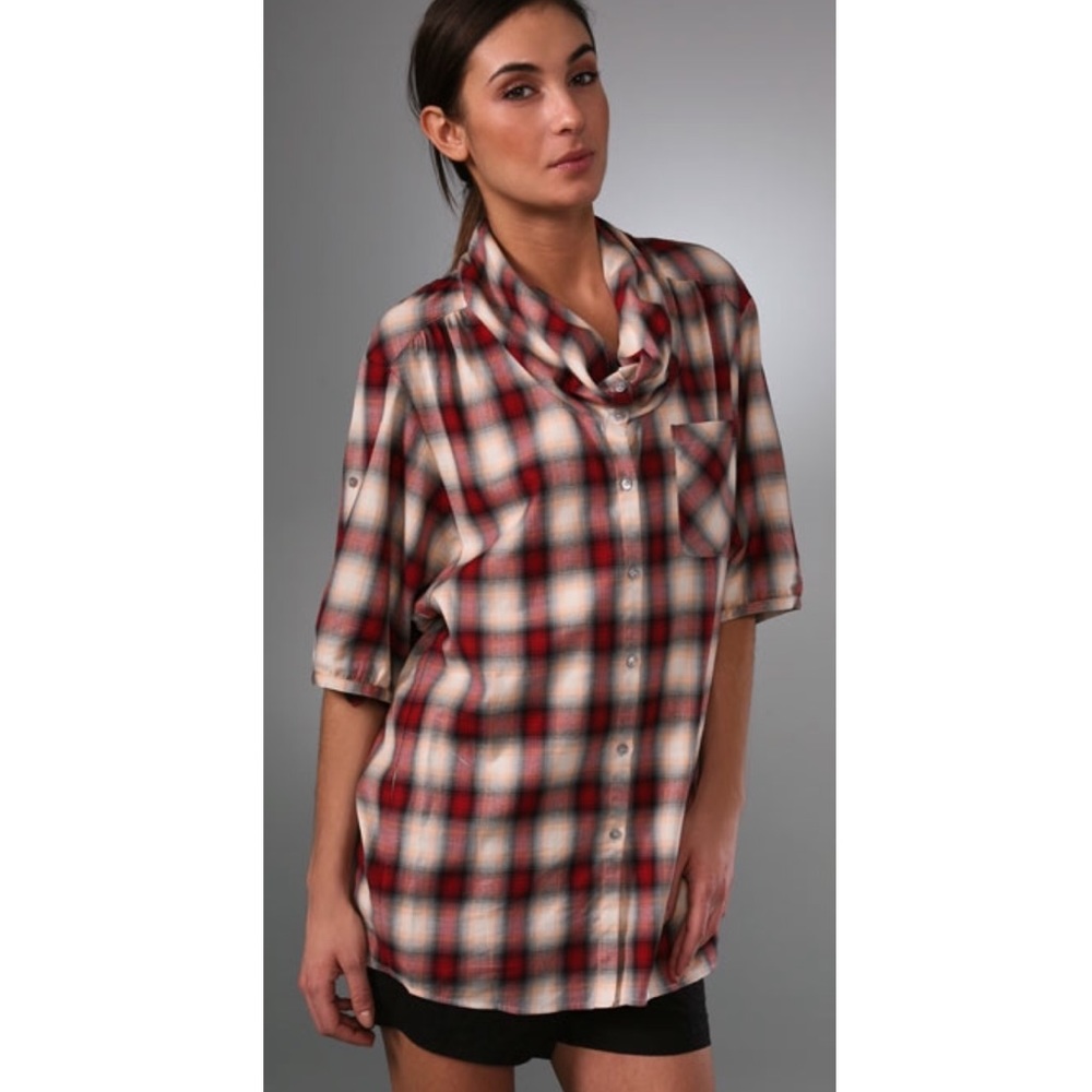 Vince Red / Cream / White / Black Plaid Cowl Neck Top - size M